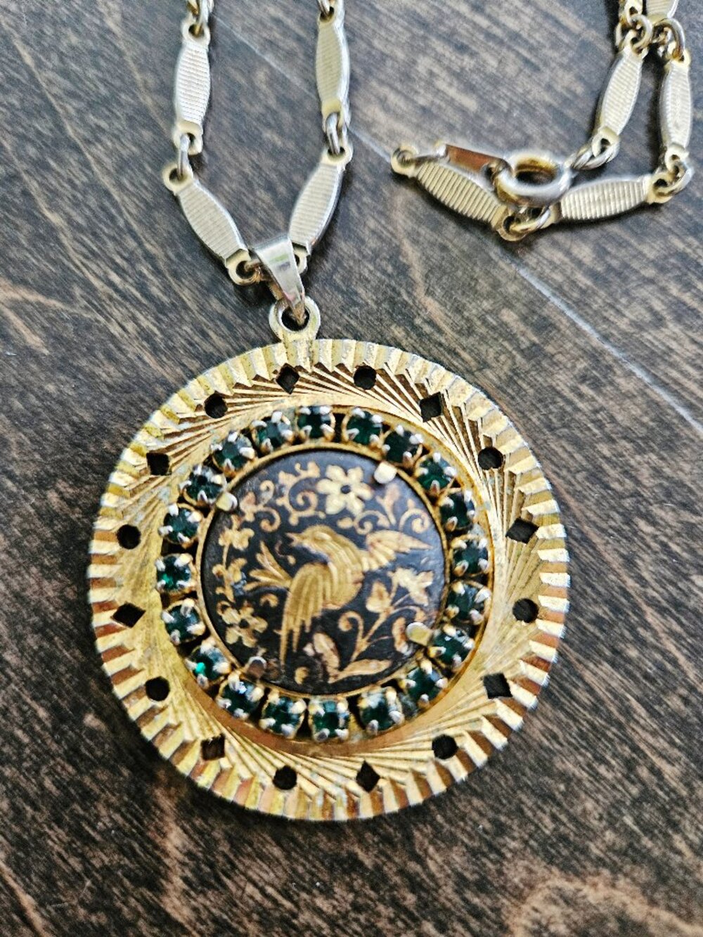 Vintage Damascene Pendant Necklace With Green Rhinestones